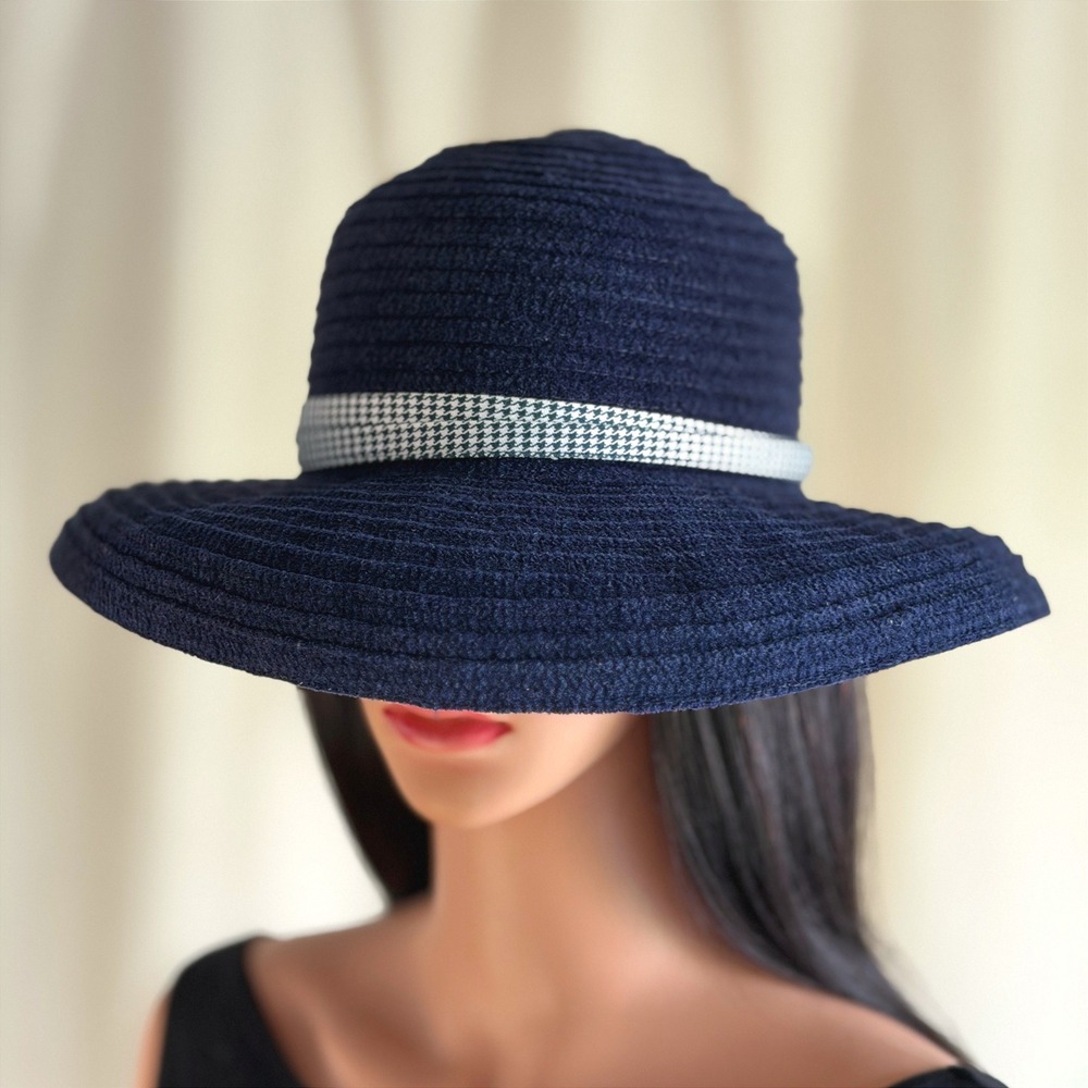 Vtg 80s Sonni Womens Navy Blue Wide Brim Sun Hat Houndstooth Ribbon Bow Woven